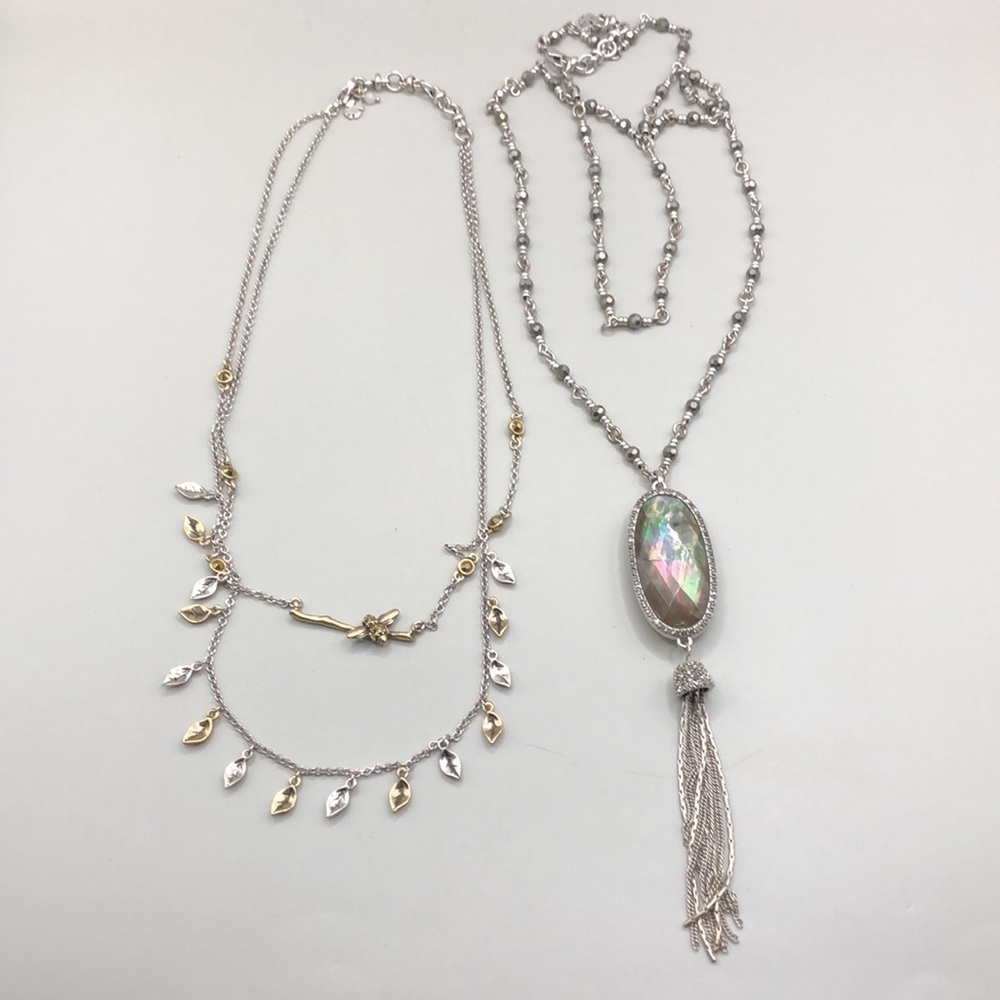 Lucky brand necklaces bundle lot 2 long chain 2 sided, multi layer branch boho